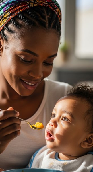 Close-up of a happy African mother feeding her child #4