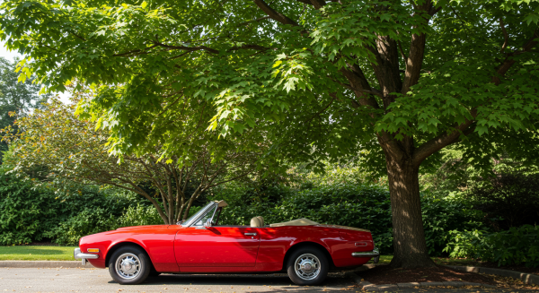 A red vintage car parked under a tree #5