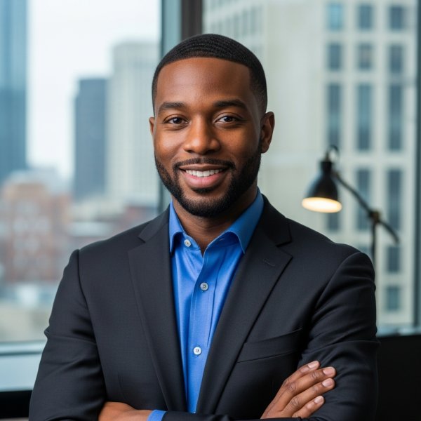A young happy African man in a blue shirt standing in his office and smiling #1