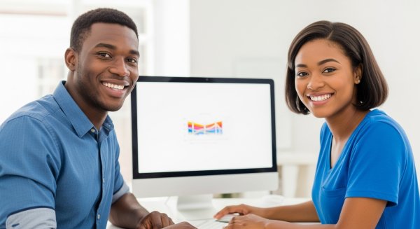 A young black man and woman in a blue shirt sitting behind a computer, smiling #1