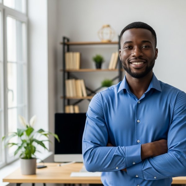 A young happy African man in a blue shirt standing in his office and smiling #4