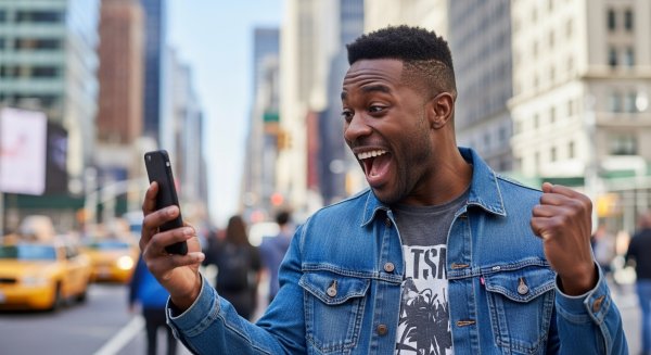 A black man holding his phone and feeling excited #3