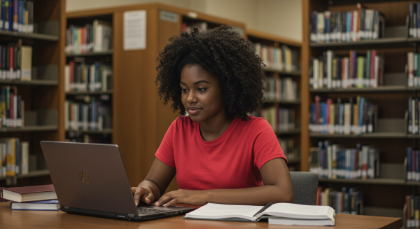 A black female student in a red shirt sitting behind a laptop in a library #2