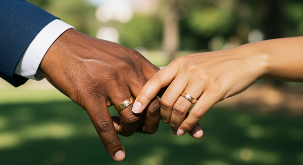 A black man and a woman's hands held together, showing their rings #1