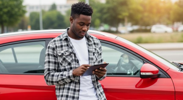 A young black man using a tablet and standing by his red car #4