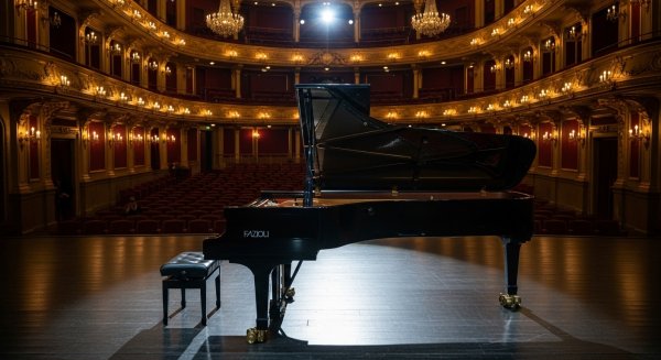 Grand piano in a luxurious concert hall with dramatic stage lighting #1
