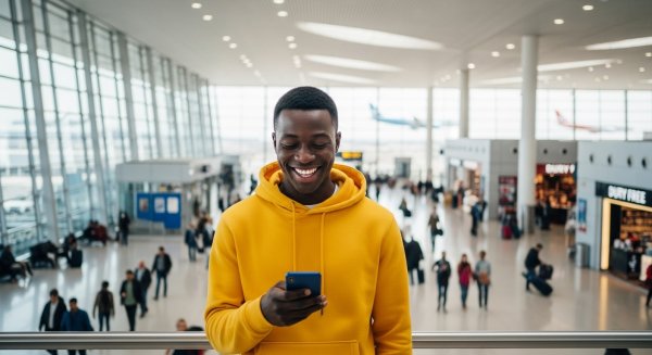 A young black man in a yellow hoodie, looking very happy with his phone at the airport #4