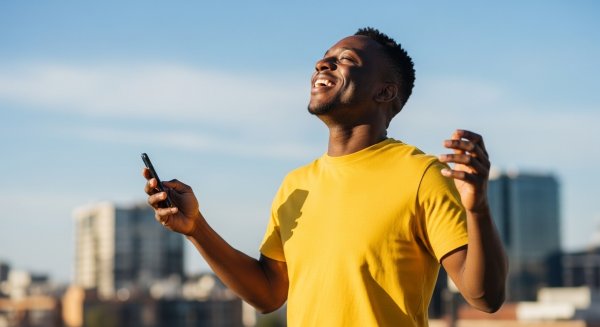 A black man in a yellow shirt holding his phone and feeling excited #1