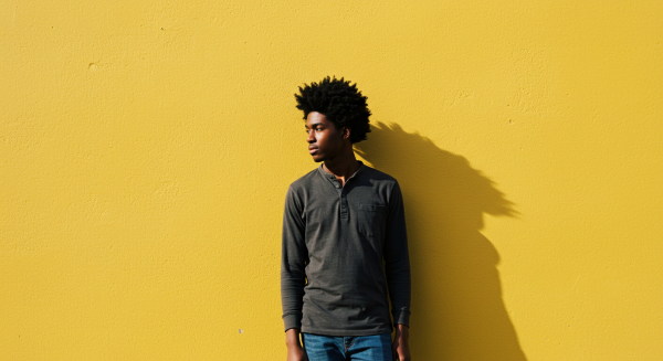 A young black man standing by a yellow wall in a far-off shot #1