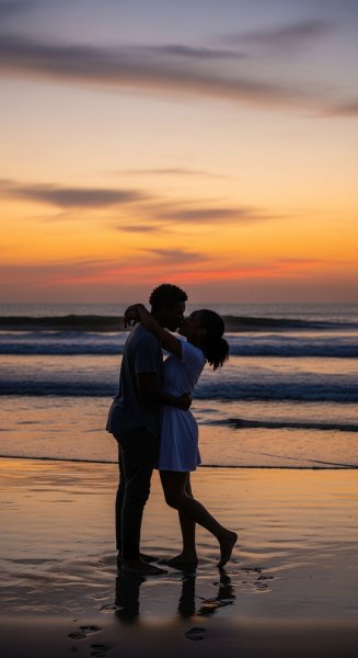 A young black man and woman kissing at the beach at dusk #4