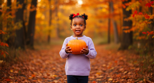Little black girl holding a pumpkin in both hands, standing in a forest filled with orange and red autumn leaves #4