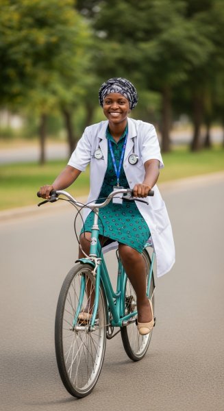 A happy African female doctor riding a bicycle #1