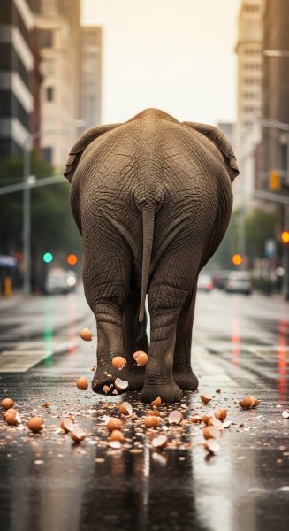 Back view of an elephant walking on eggshells on the street in daylight #1