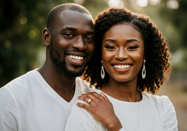A happy black man and woman in white attire smiling at their love #4