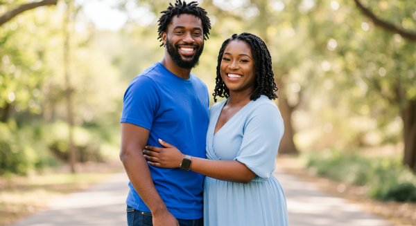 A happy black man and woman in blue attire smiling at their love #4