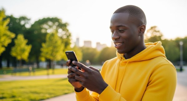 A young black man in a yellow hoodie, looking very happy with his phone #3