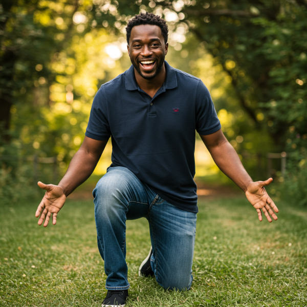 A happy black man on his knees saying yes #1