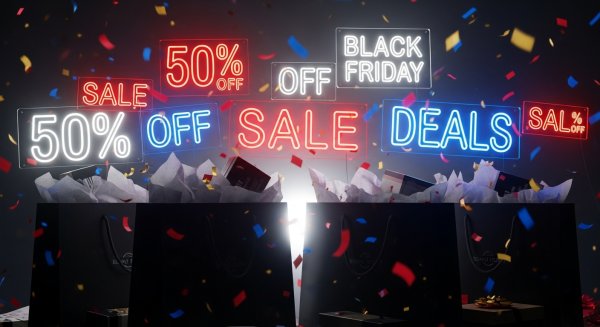 Black Friday sale with shopping bags, confetti, and neon discount signs #2