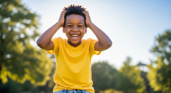 A happy African male child with his hands on his head #1