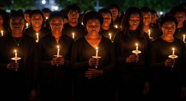 A group of black people in black attire at a night vigil with candlelight #1
