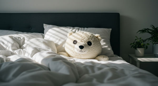 Fuzzy polar bear plushie sleeping in a minimalist modern apartment bed #3