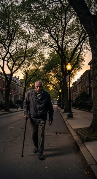 A black old man with a stick walking on a quiet street #2