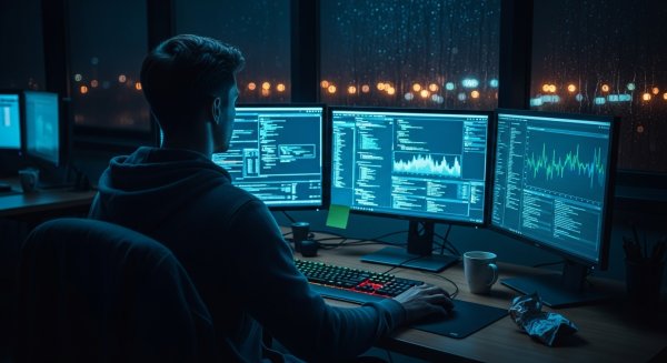 Dramatic night shot of a programmer working late in a dark office with multiple monitors glowing #2