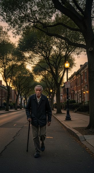 A black old man with a stick walking on a quiet street #1