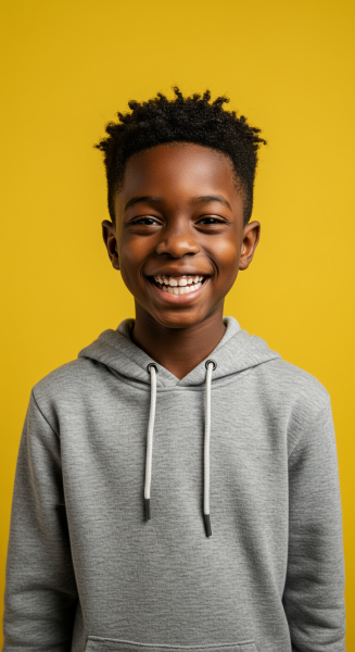 Happy black boy in casual hoodie posing in front of a vibrant yellow backdrop #1