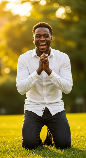 A happy black man on his knees saying yes #1