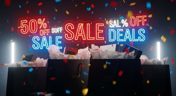Black Friday sale with shopping bags, confetti, and neon discount signs #1