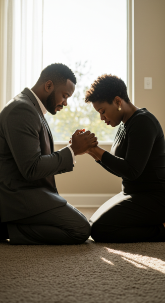 A black man and a black woman on their knees, praying #2