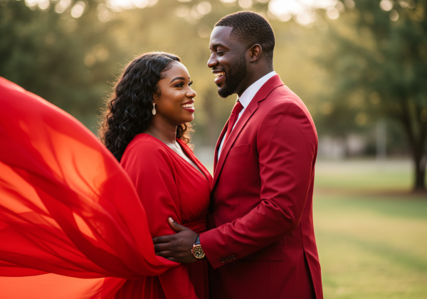 A happy black man and woman in red attire smiling at their love #4