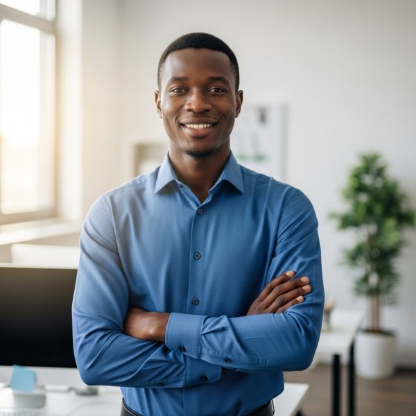 A young happy African man in a blue shirt standing in his office and smiling #3