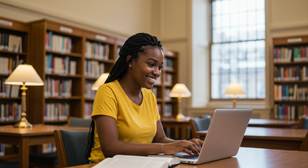 A black female student in a yellow shirt sitting behind a laptop in a library #1