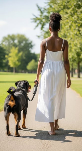 Back view of a black young lady in a white dress walking with her Rottweiler dog #2