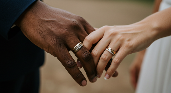 A black man and a woman's hands held together, showing their rings #2