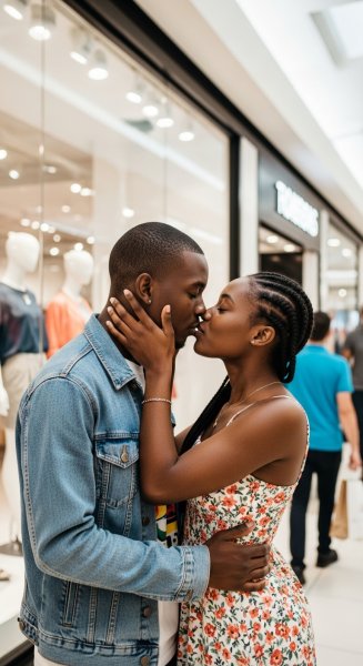 A young black man and woman kissing at the mall #1