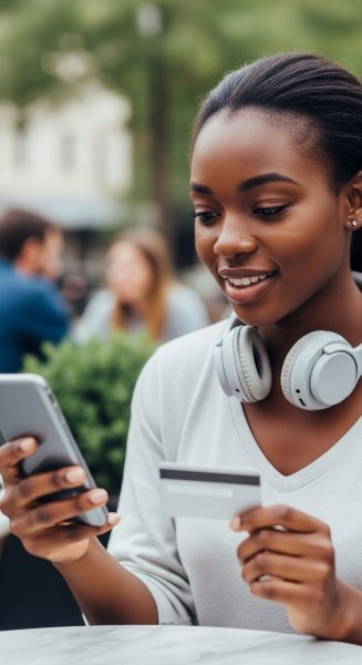 A young, pretty African lady looking down on her phone with a card and headset #2