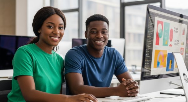 A young black man and woman sitting behind a computer, smiling #2
