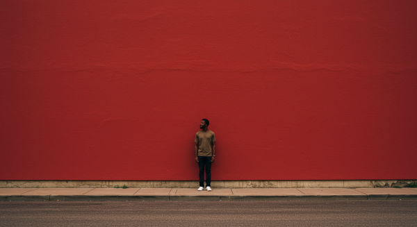 A young black man standing by a red wall in a far-off shot #1