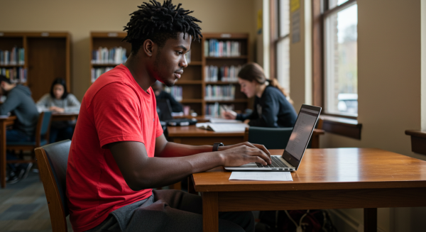 A black male student in a red shirt sitting behind a laptop in a library #1