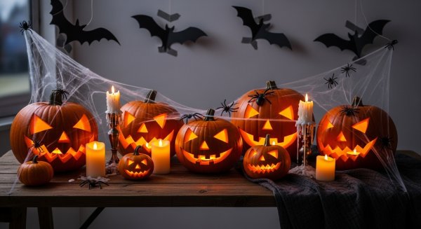 Halloween decorations with pumpkins, candles, bats, and spider webs on rustic wooden table #4