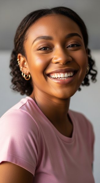 A young black woman in a pink shirt smiling #1