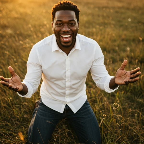 A happy black man on his knees saying yes #3