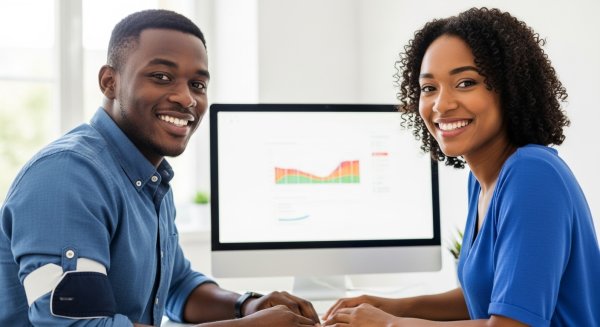 A young black man and woman in a blue shirt sitting behind a computer, smiling #2