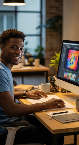 A young African man sitting behind his computer and smiling #4