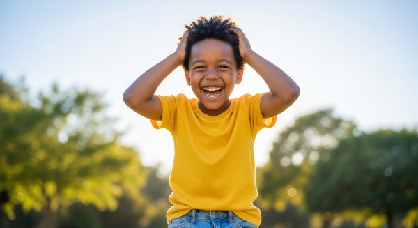 A happy African male child with his hands on his head #4