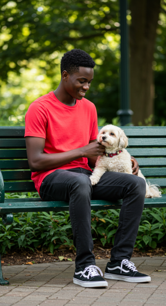 A black young man in a red shirt sitting on a bench with his dog #1
