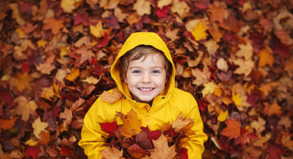 Overhead shot of a kid smiling in yellow rain jacket and lying in a pile of fall leaves #1